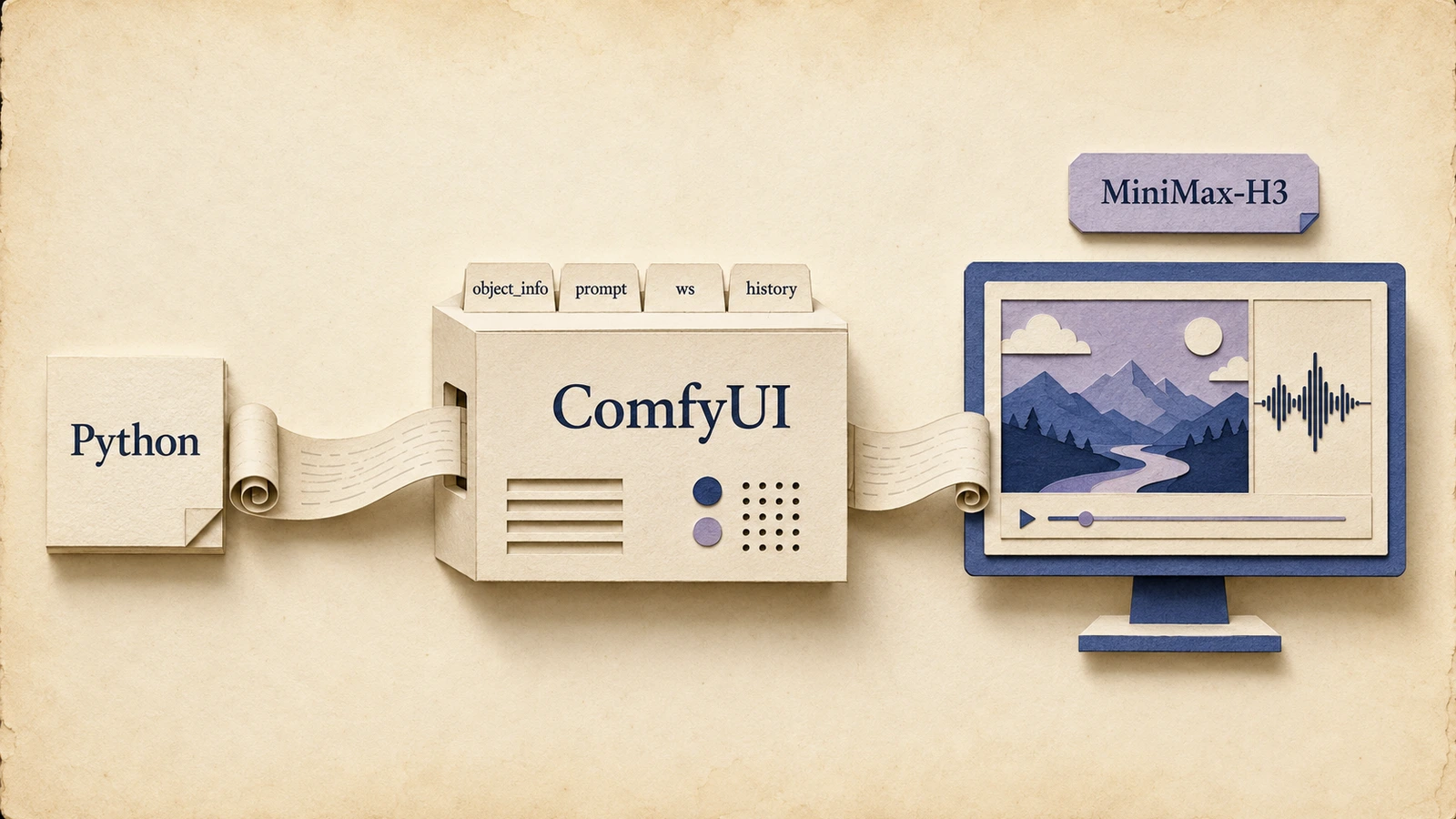 把 ComfyUI 當成推理後端：Python 直接組裝執行圖，經 HTTP 與 WebSocket API 驅動 MiniMax-H3，無需圖形介面。
