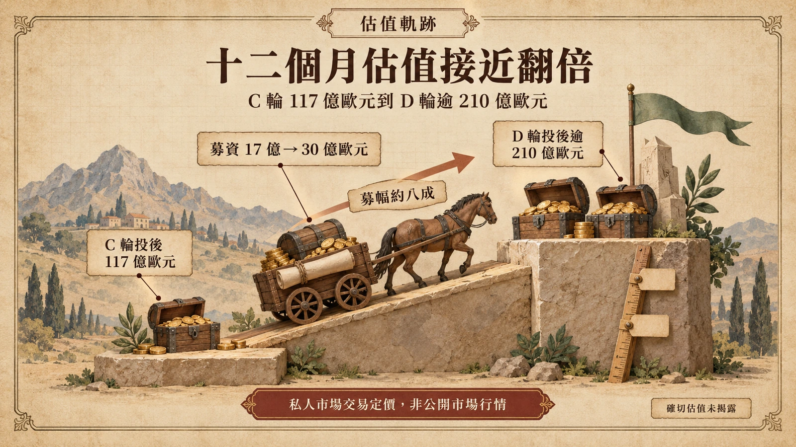 估值軌跡圖:C 輪投後估值 117 億歐元,D 輪超過 210 億歐元,募資金額從 17 億增至 30 億歐元。