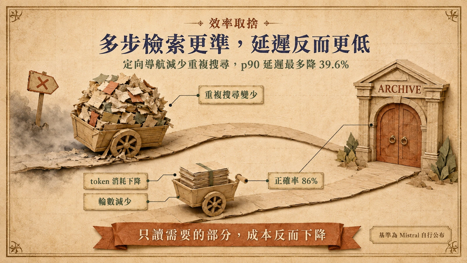 單次檢索載走一大堆無關區塊,多步檢索只取需要的頁面,正確率提高,延遲與 token 用量反而下降。