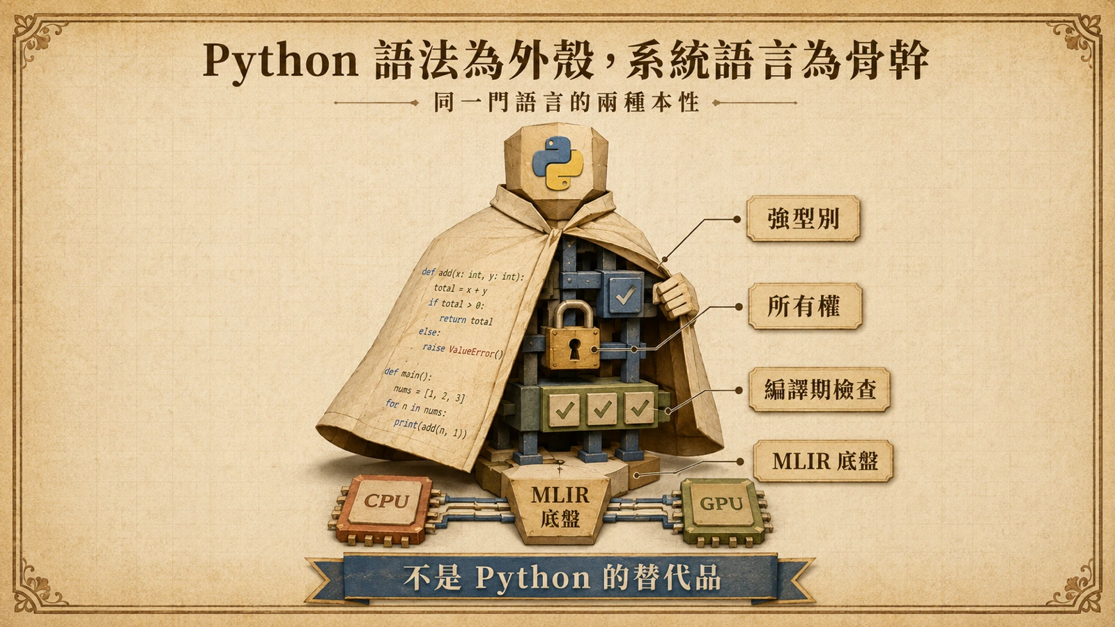 Mojo 以 Python 風格語法為外殼，骨幹卻是強型別、所有權與編譯期檢查的系統語言，底層由 MLIR 支撐從 CPU、GPU 到其他加速器的異質硬體。