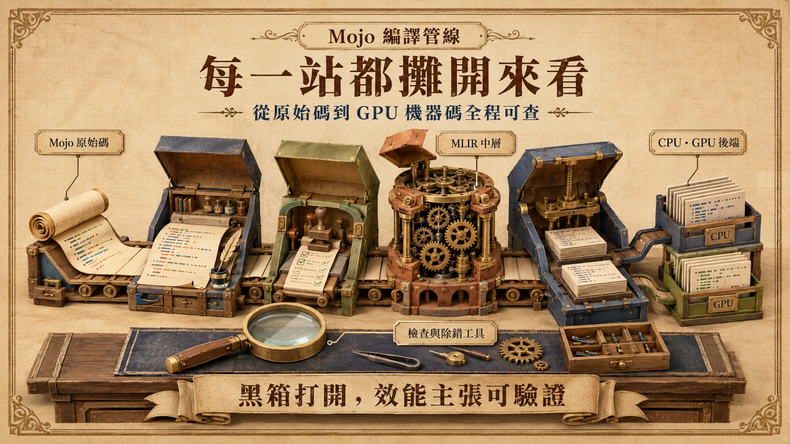 編譯管線各站點的外殼全部卸下：Mojo 原始碼卷軸進入 MLIR 齒輪組，輸出 CPU 與 GPU 的機器碼版，全程開放檢視。