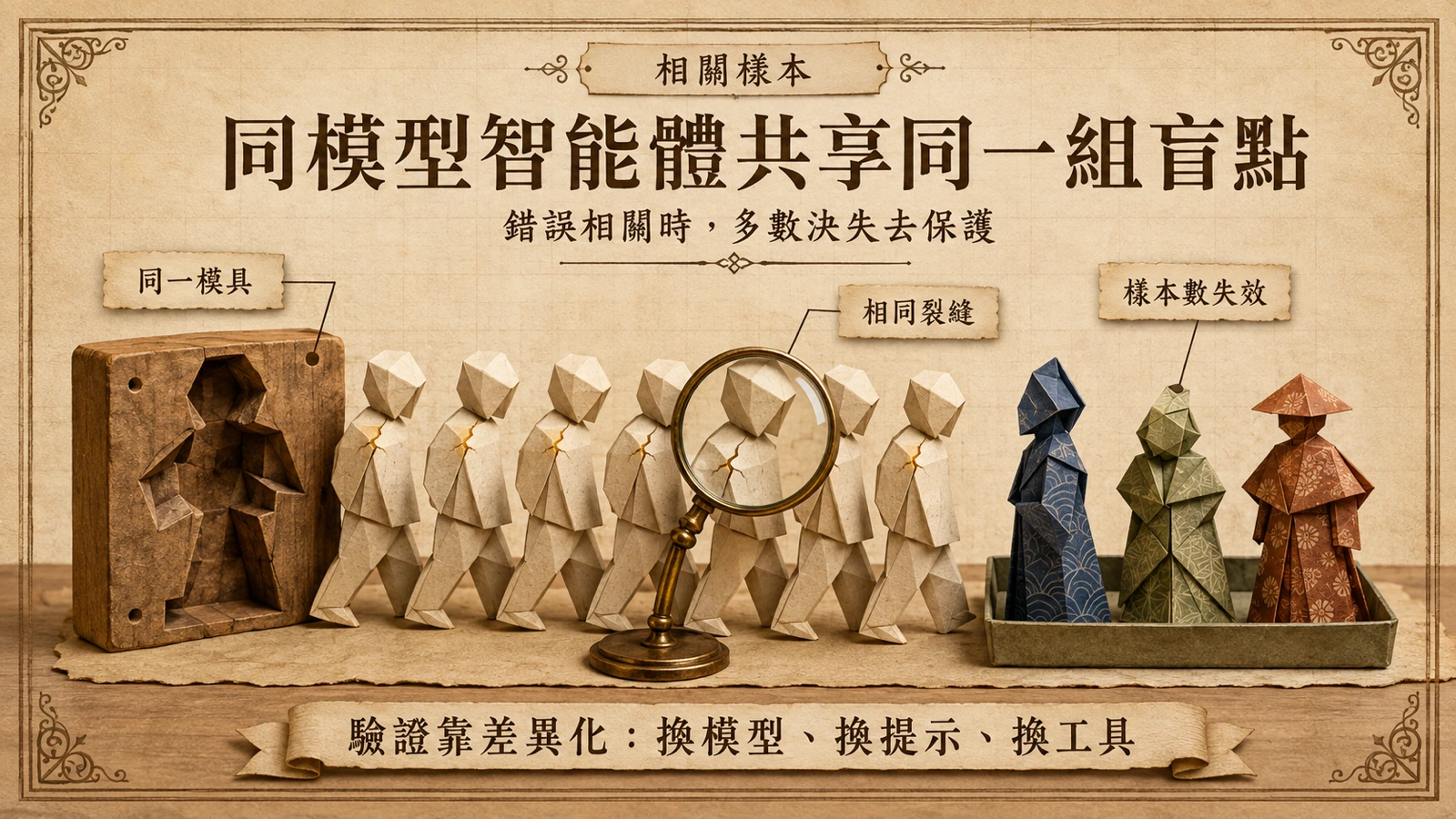 同一個模具鑄出的一排智能體剪影，每個都在相同位置帶著同一道裂縫。
