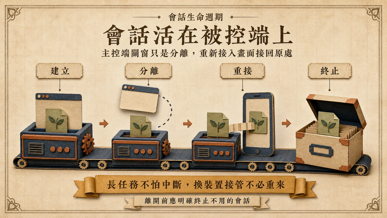 終端會話生命週期示意圖：會話在被控端持續運作，主控端視窗關閉後仍可從另一台裝置重新接入