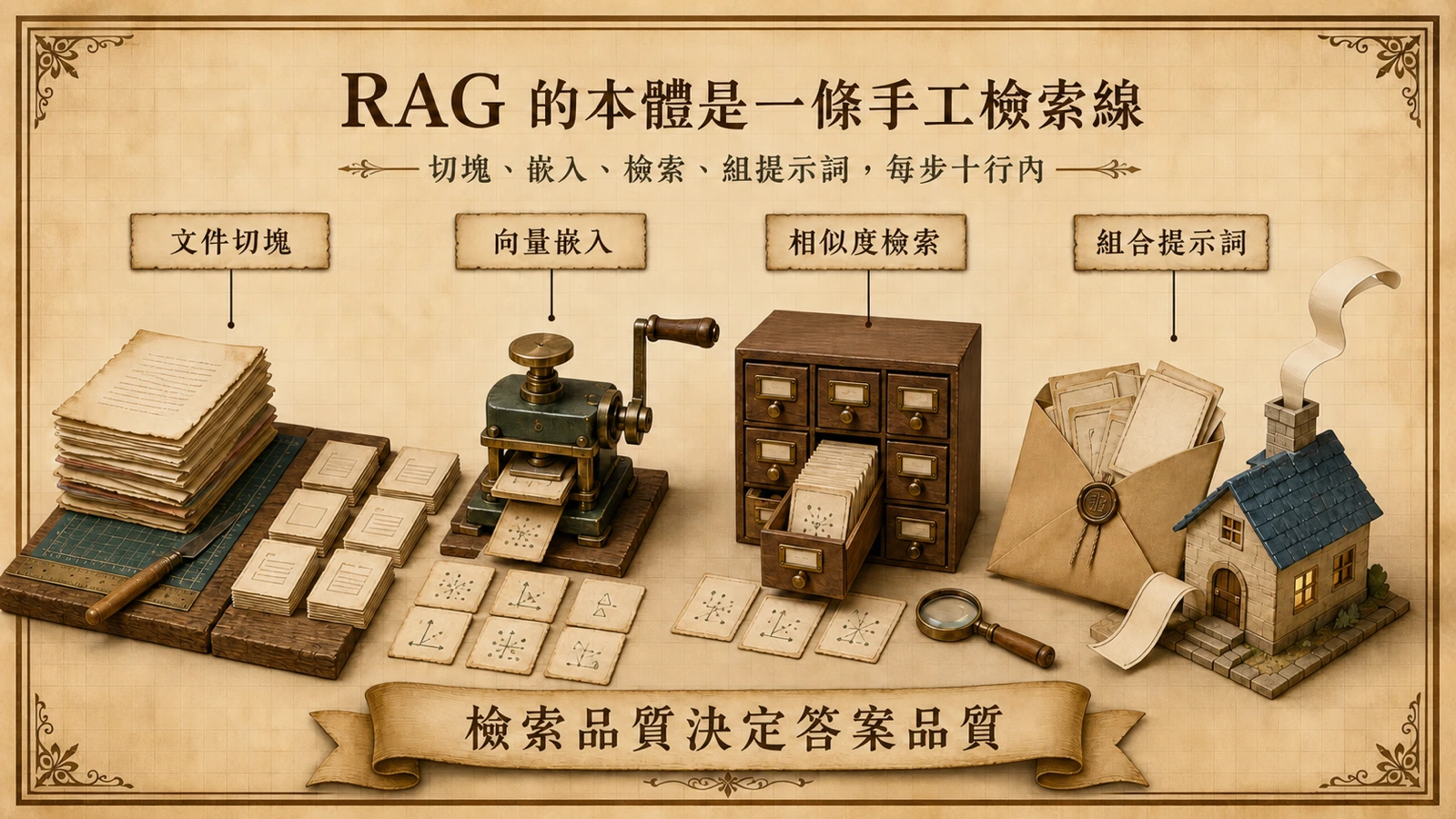 手寫 RAG 的作業線:文件先切塊、再轉成向量卡片,檢索出的區塊與問題一起組成提示詞送進模型。