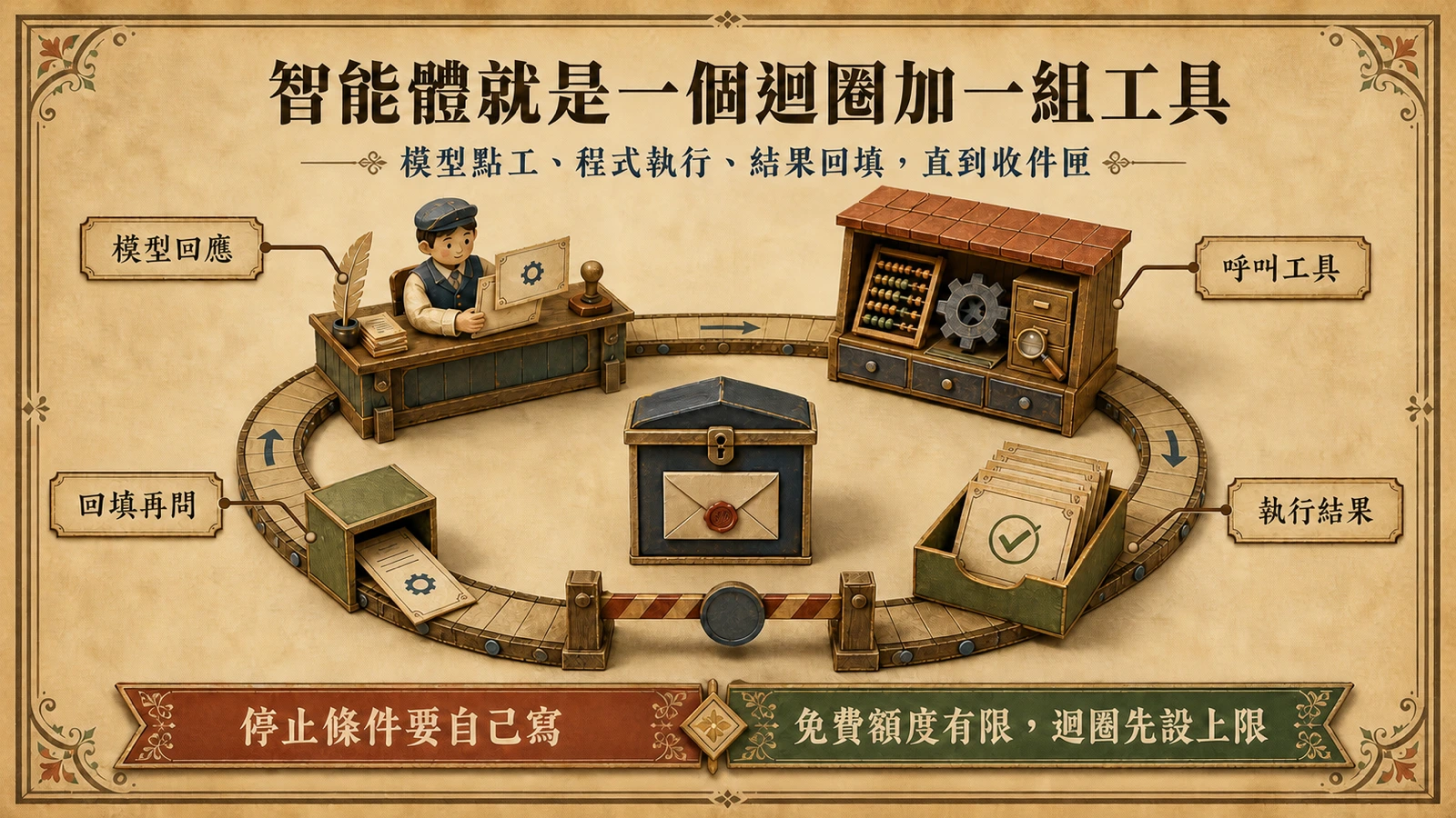智能體的運作是繞行四站的迴圈:模型回應、點選工具、執行工具、結果回填再問,最後落入答案收件匣。