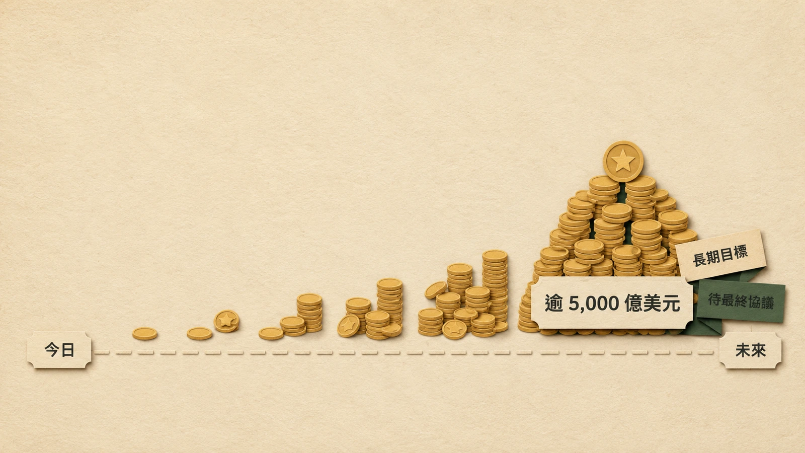 5,000 億美元是「隨時間動員」的目標，並非已承諾或已到位的資金。