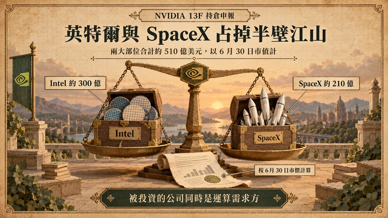 NVIDIA 申報的 6 月 30 日持倉顯示，英特爾約 300 億美元、SpaceX 約 210 億美元，是投資組合中最大的兩個部位。