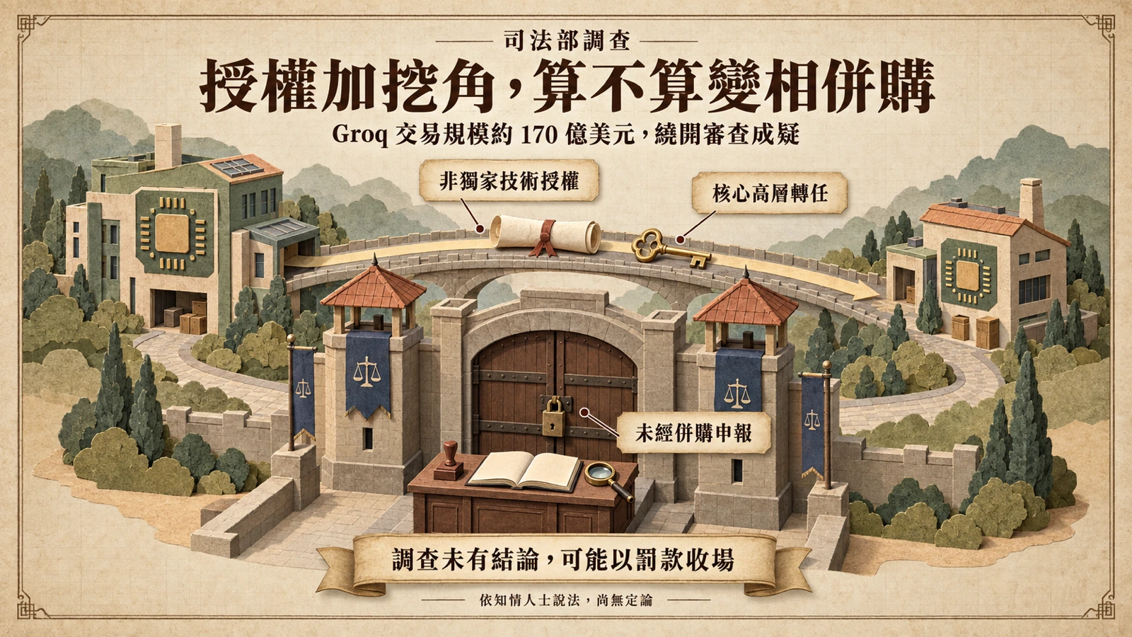 一條側橋繞過併購審查大門連接兩座廠房，示意授權與挖角並行的交易形態引發準併購爭議。