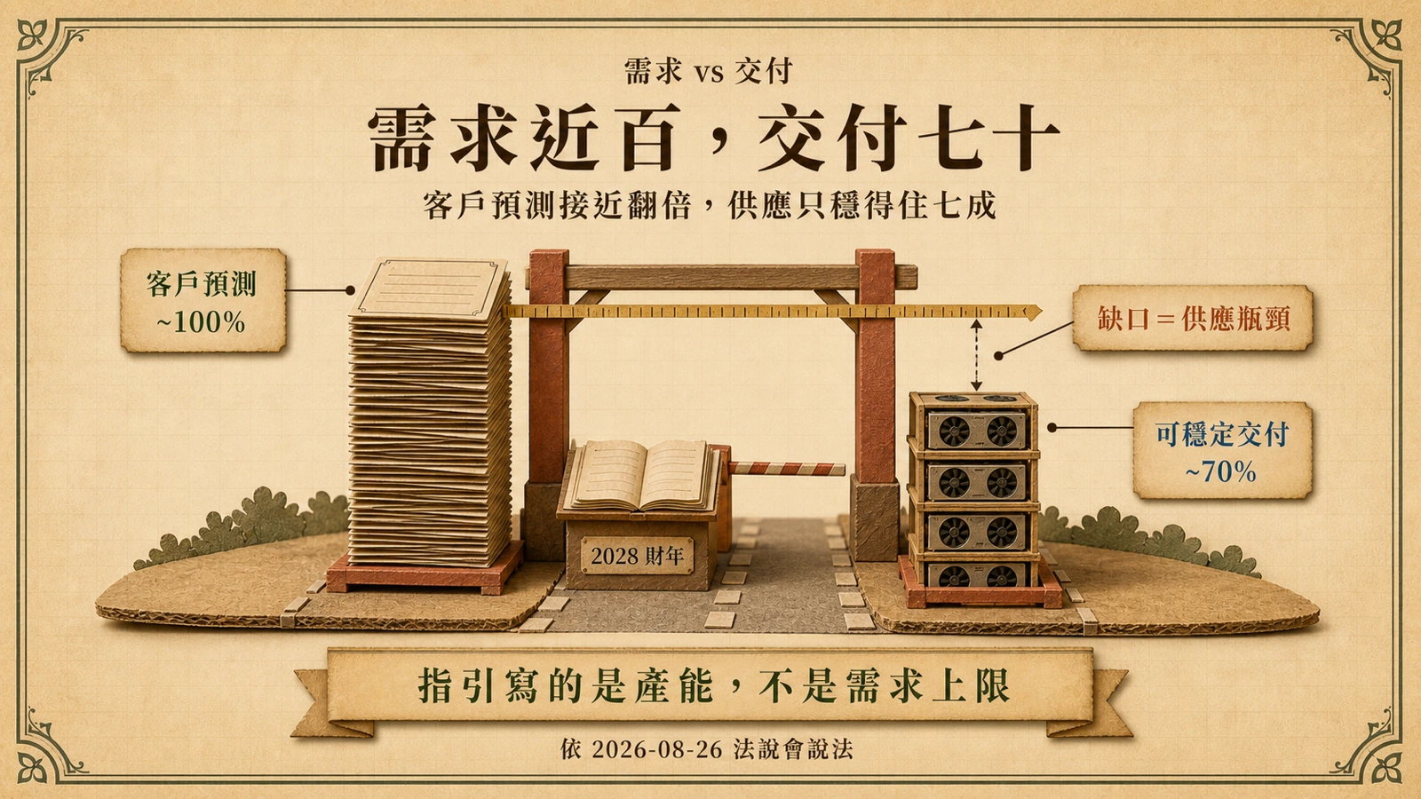 客戶需求預測接近翻倍，NVIDIA 有把握穩定交付的成長約七成，中間的缺口由晶片與記憶體產能決定。