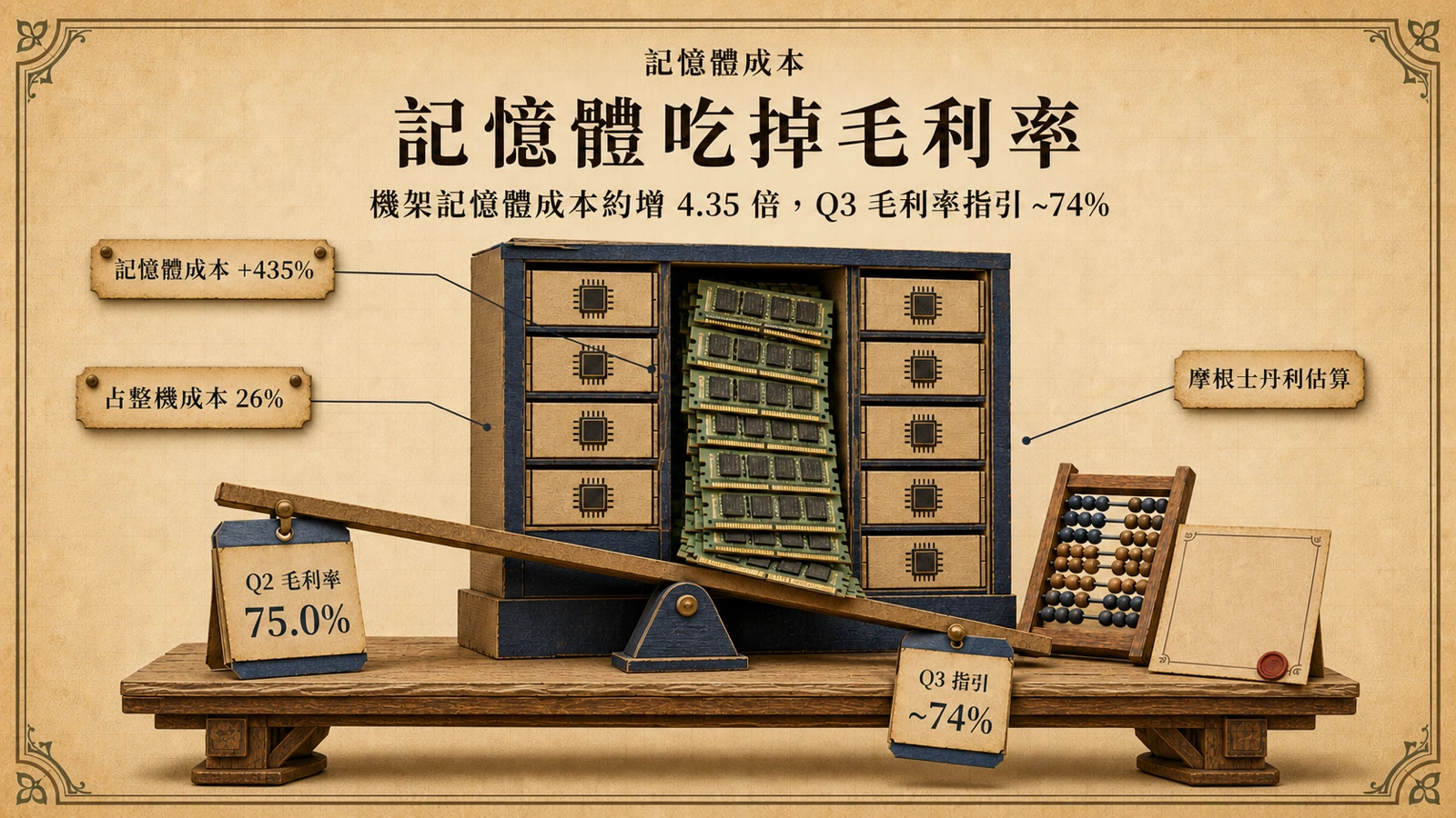 旗艦 AI 機架的記憶體成本大增，占整機成本比例升到約四分之一，毛利率指引從 75.0% 降到約 74%。