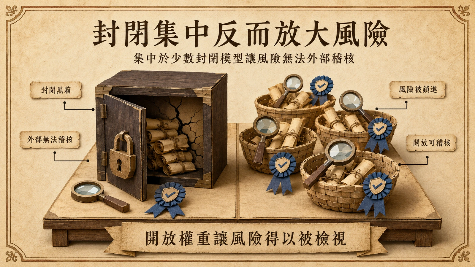 封閉模型阻擋外部稽核卻仍可能存在弱點；開放權重讓多方能直接檢視與驗證。
