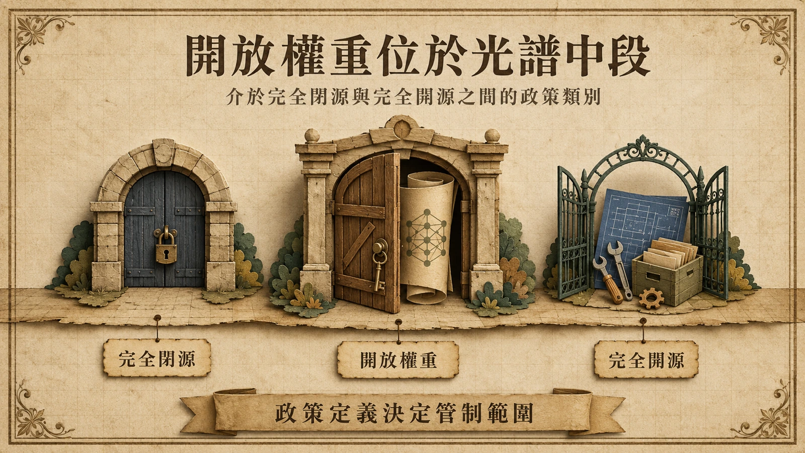 模型開放程度從完全閉源、只公開權重，到同時公開程式碼與資料逐步提高。