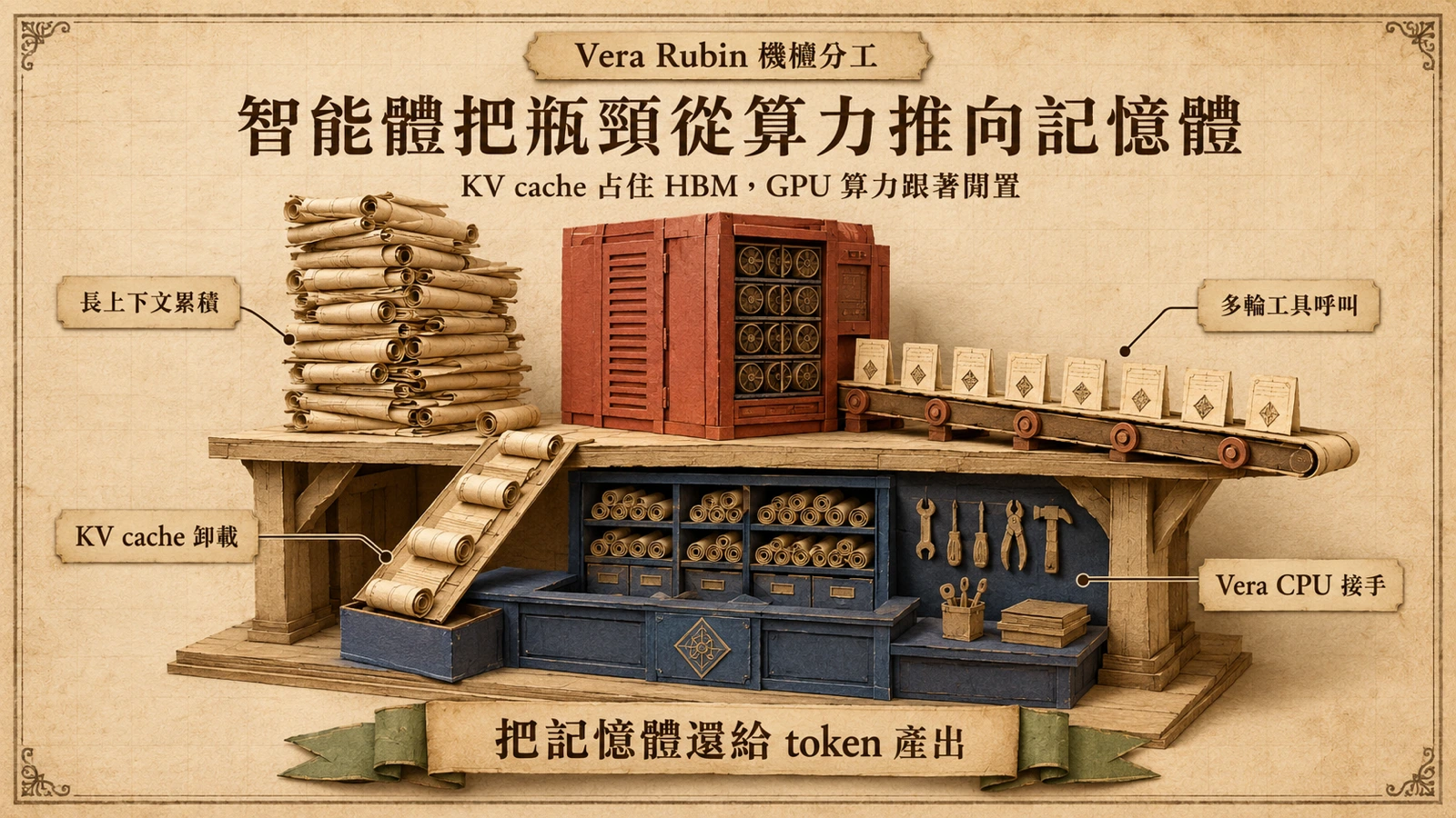 Vera Rubin 平台把工具執行與 KV cache 卸載交給 Vera CPU，讓 Rubin GPU 專注產出 token。