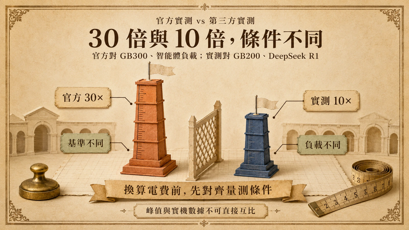 官方 30 倍與第三方實測 10 倍來自不同的基準系統與工作負載條件。