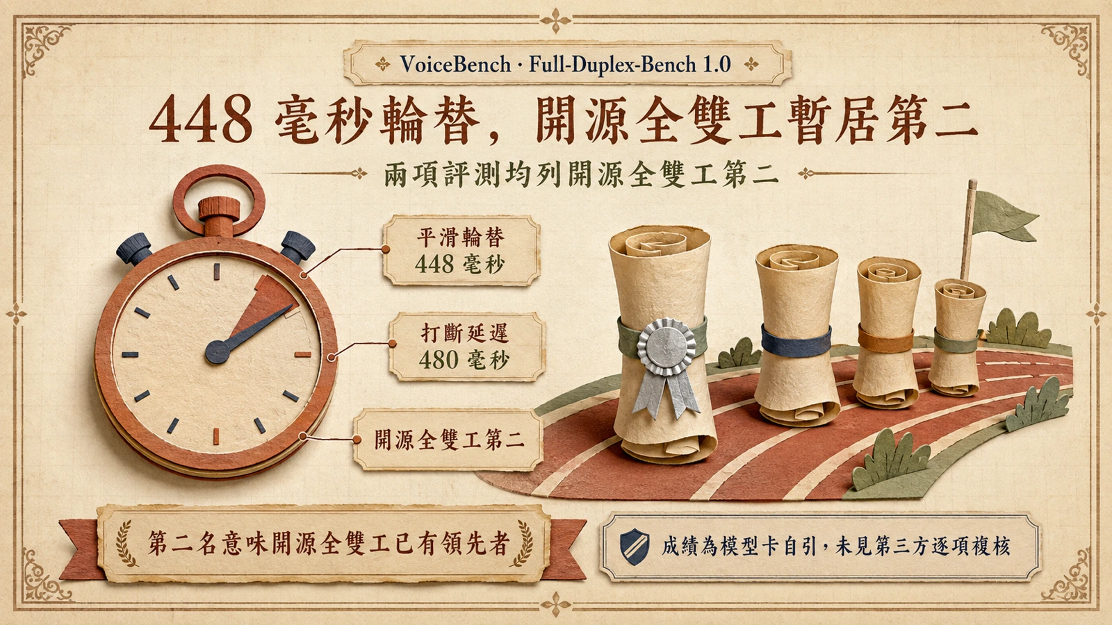 448 毫秒輪替延遲，在開源全雙工模型中暫居第二。