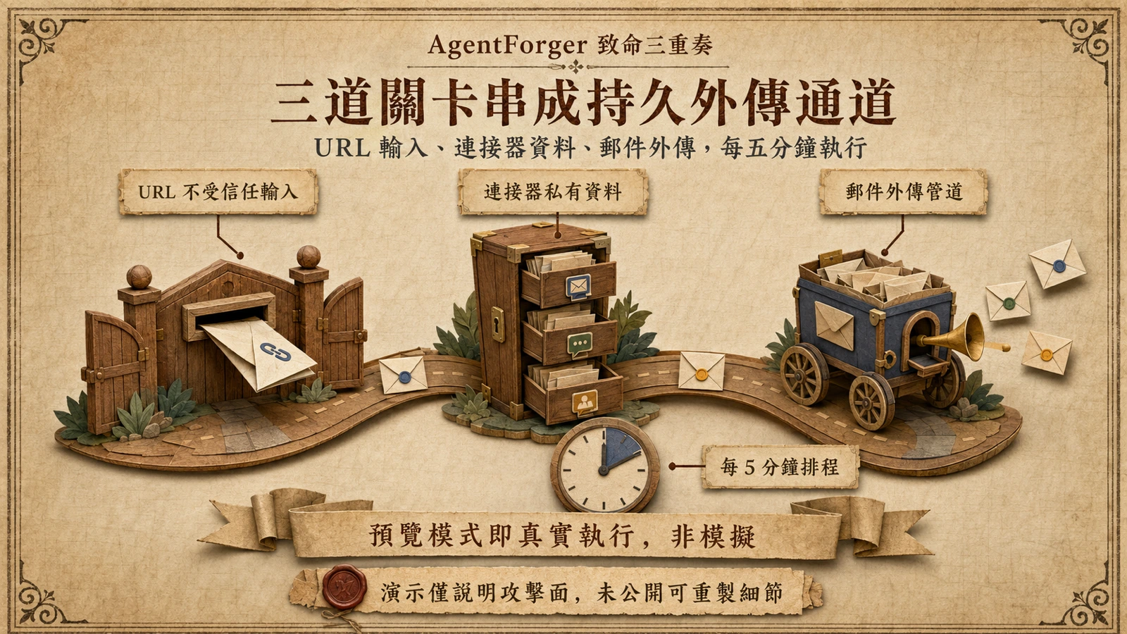 惡意 URL 經工作區 Agent 讀取連接器資料，再利用持續任務把內容外寄，形成攻擊鏈。