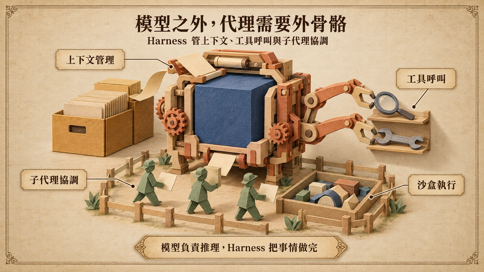 模型核心外層包著執行框架,負責上下文管理、工具呼叫與子代理協調。
