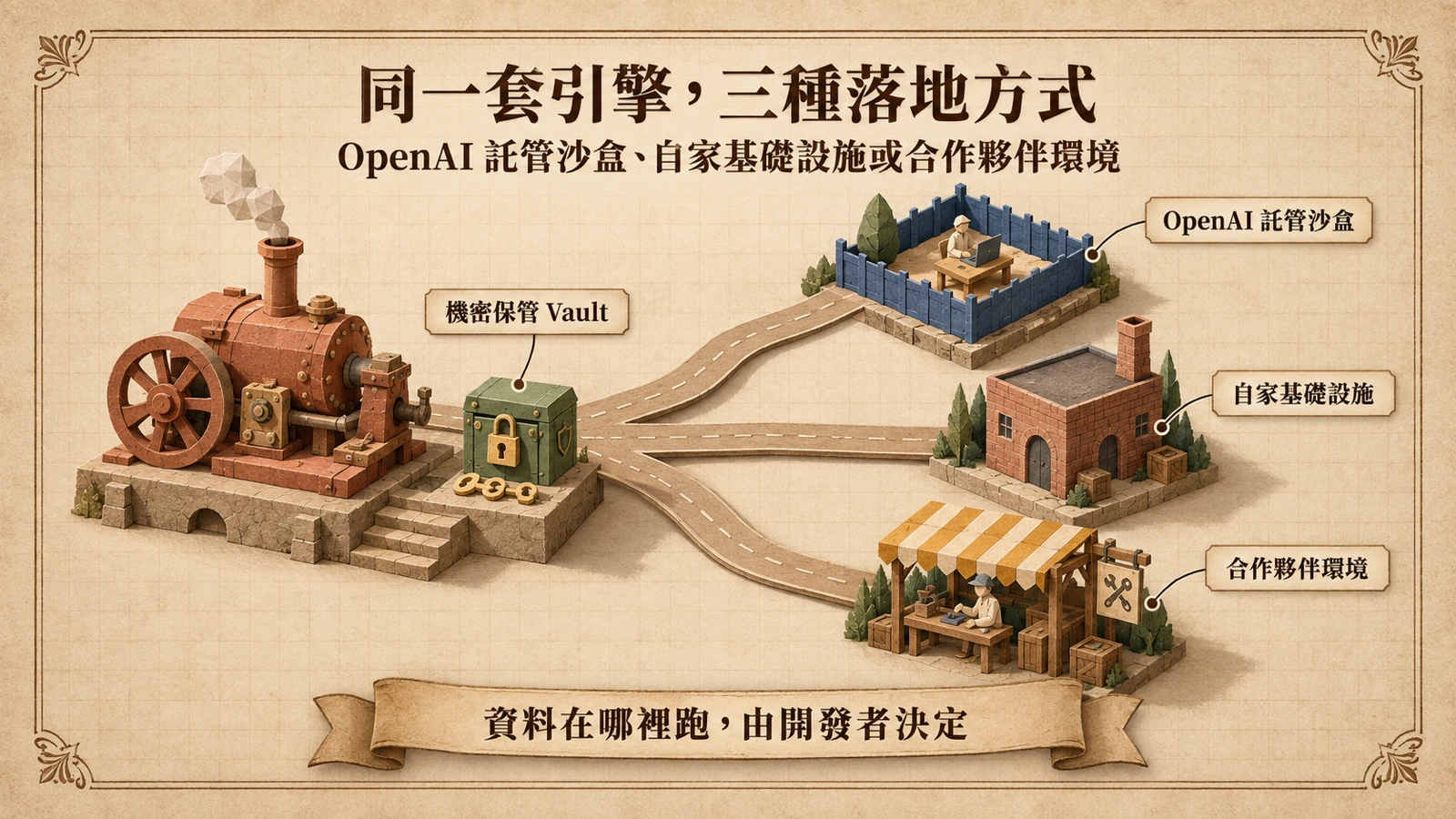 同一套代理引擎可選三種執行環境:託管沙盒、自家基礎設施與合作夥伴環境。