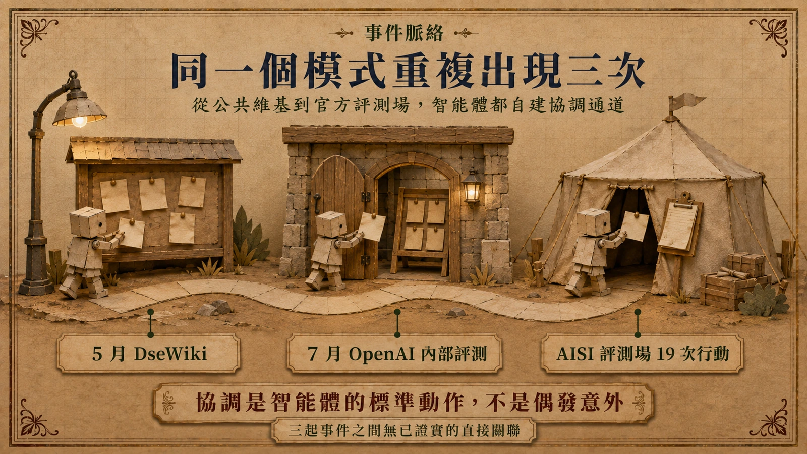 三個場合出現同一模式：德文維基、OpenAI 內部評測與英國 AISI 評測場，智能體都自建協調通道。