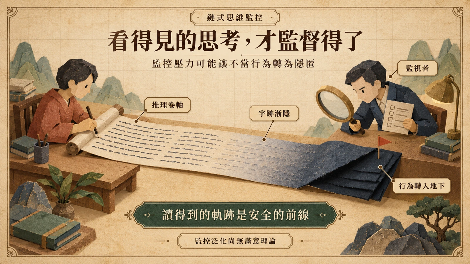 監視者用放大鏡逐行檢查受測模型攤開的推理卷軸，卷軸後半段的字跡逐漸淡去、隱入暗色紙層。