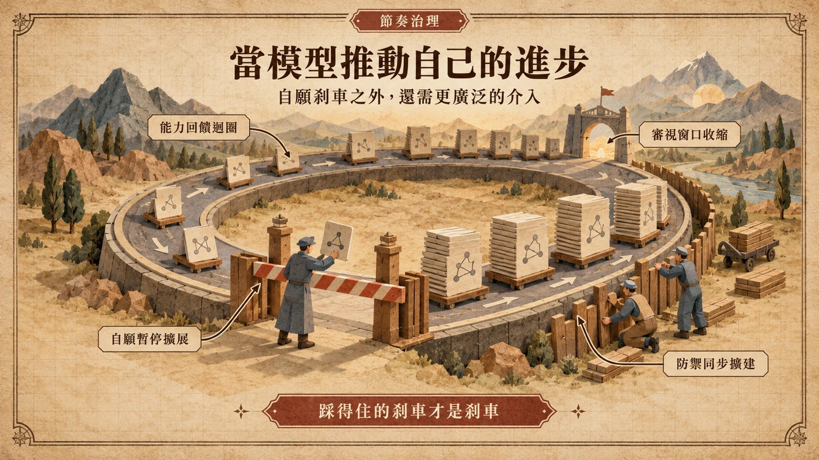 環形跑道上模型卡片自行堆疊加速前進，閘門與檢查哨守在彎道，圍籬沿線同步加高。