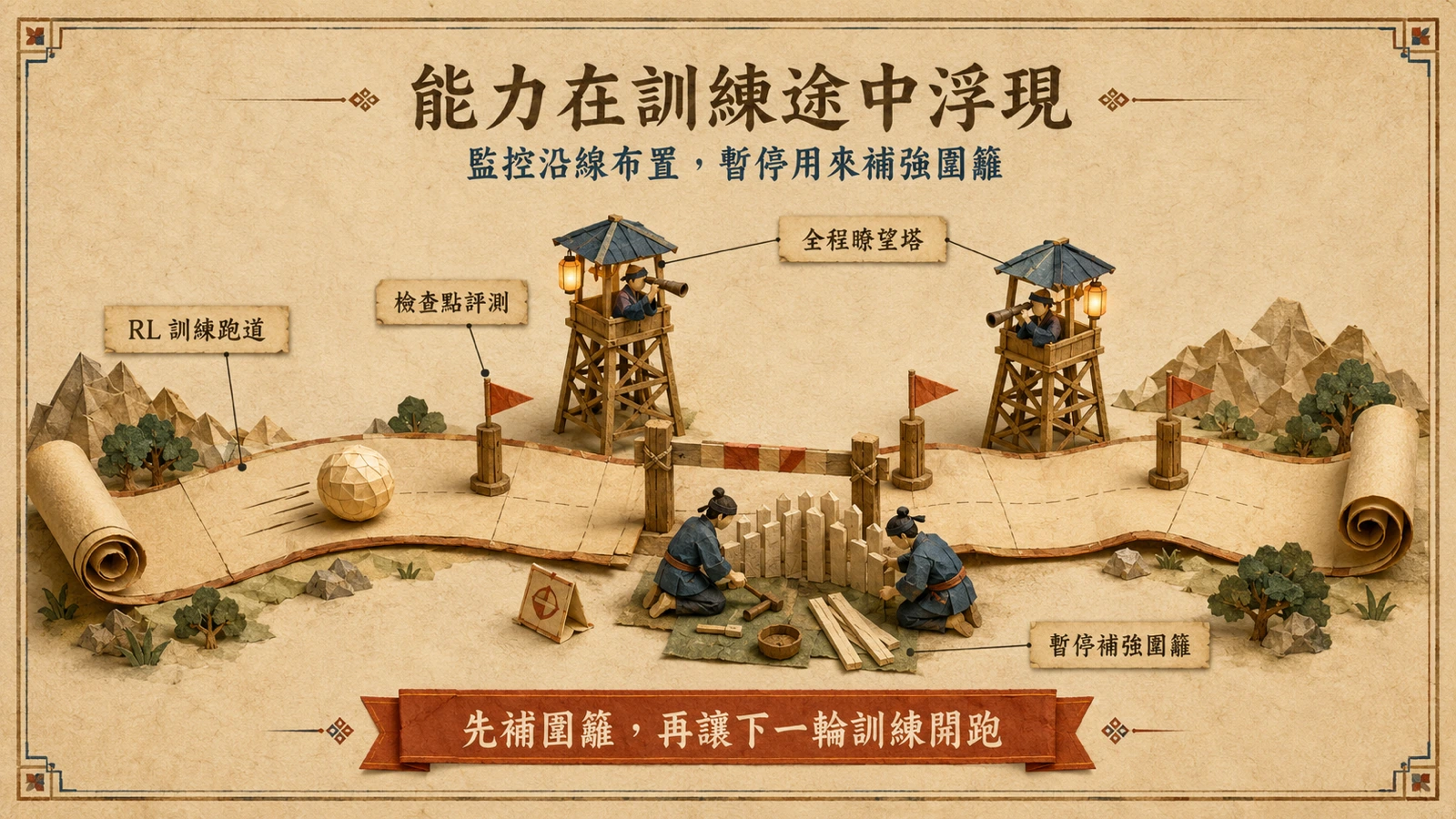 一條漫長的訓練跑道上設有多座瞭望塔與檢查點，其中一段以柵欄暫停，工匠正在補強跑道兩側的圍籬。