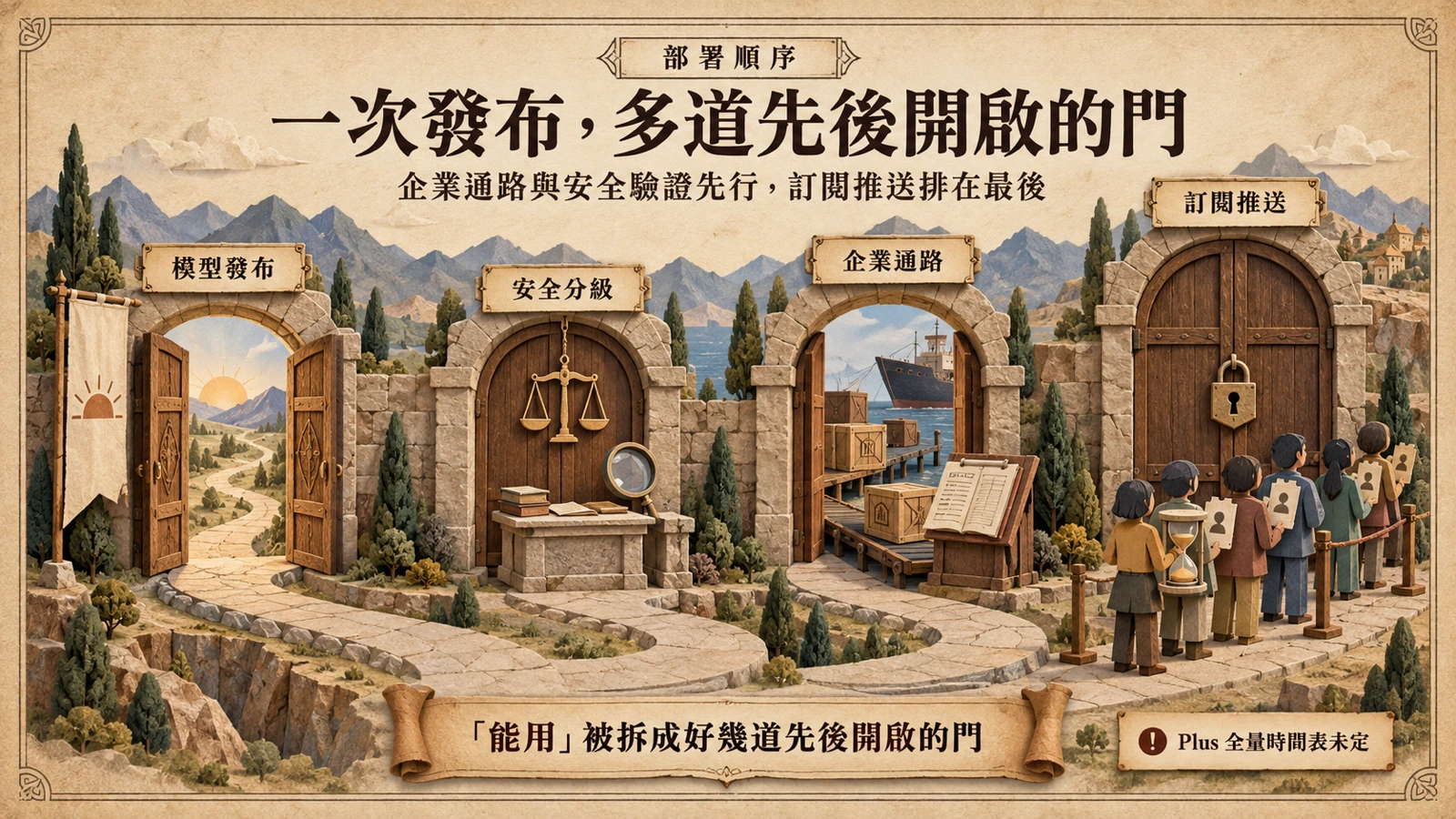 GPT-6 Astra 的開放順序分成多層:模型發布與安全驗證先行,企業通路次之,付費訂閱者的推送排在最後一層展開。