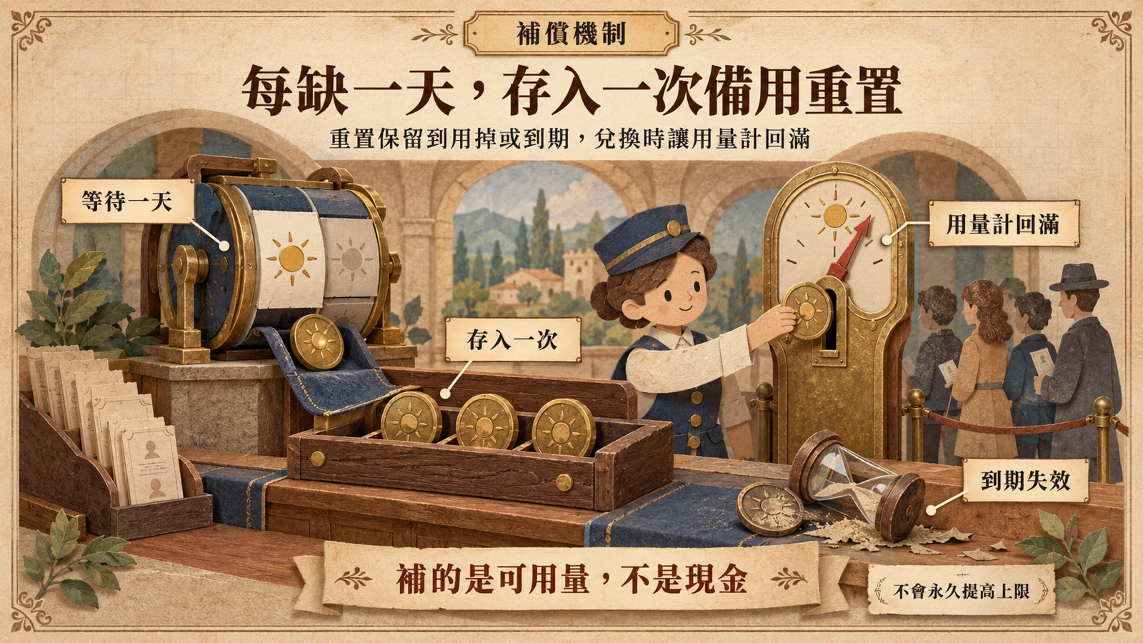 備用重置機制:每缺一天存取權存入一次重置額度,兌換後用量計回到滿格,額度用掉或到期即消失。