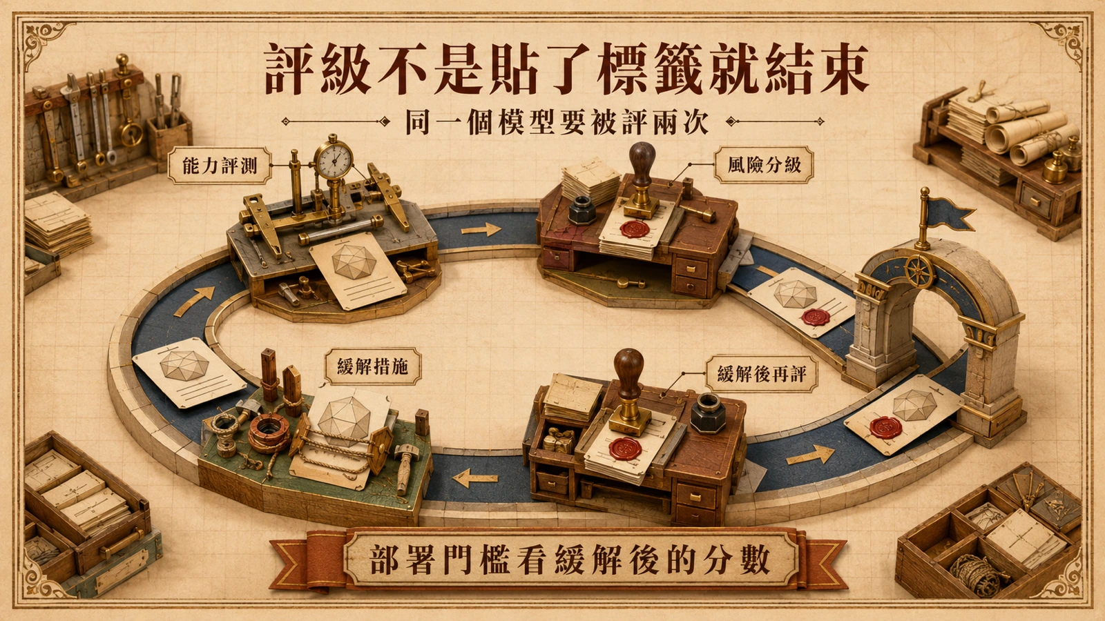 一張模型卡片沿著評測、分級、掛上防護、再評分的循環走完一圈，最後帶著防護通過部署檢查哨。