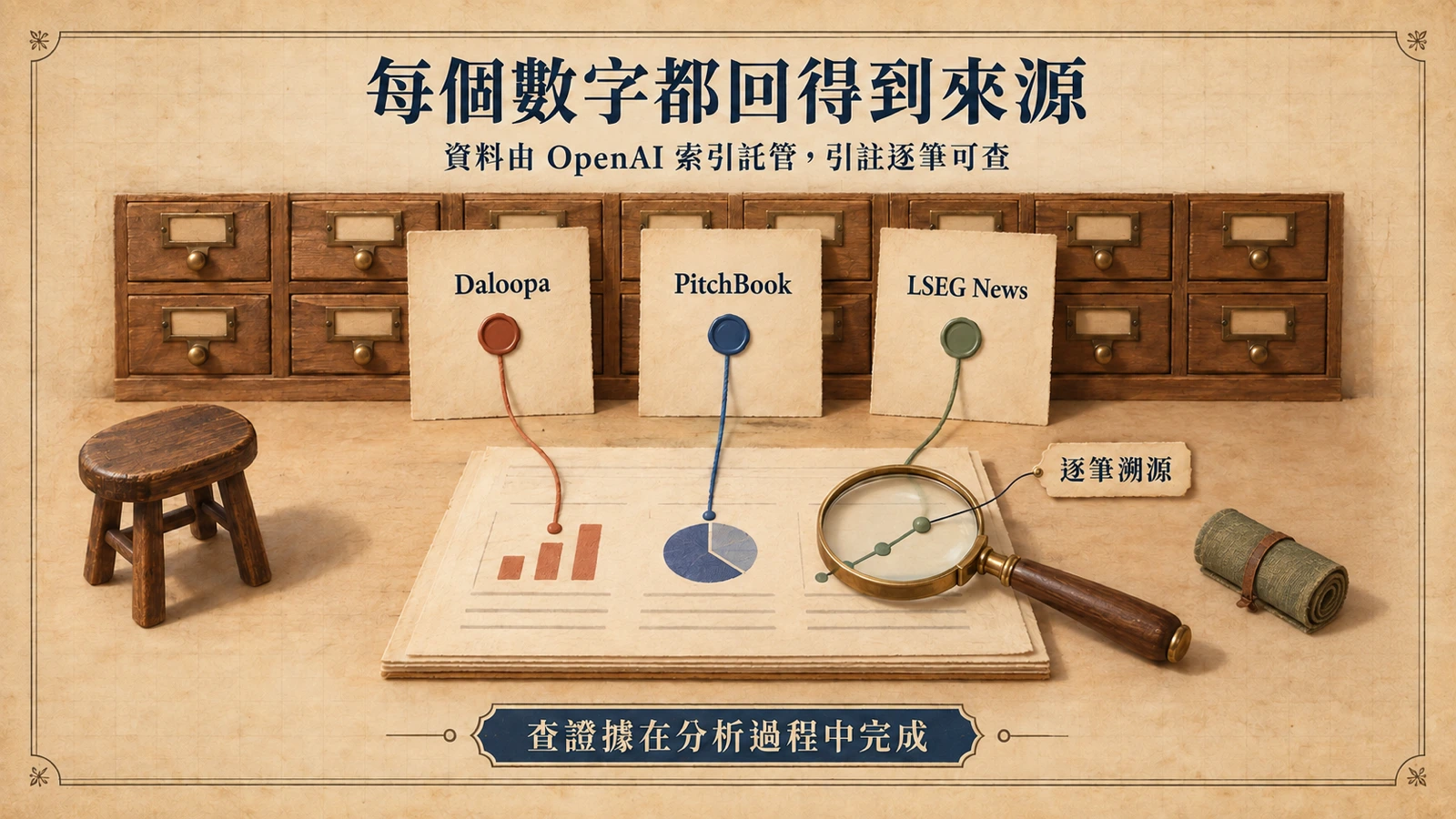 研究備忘錄上的數字以細線回連到來源卡片，逐筆查證出處。