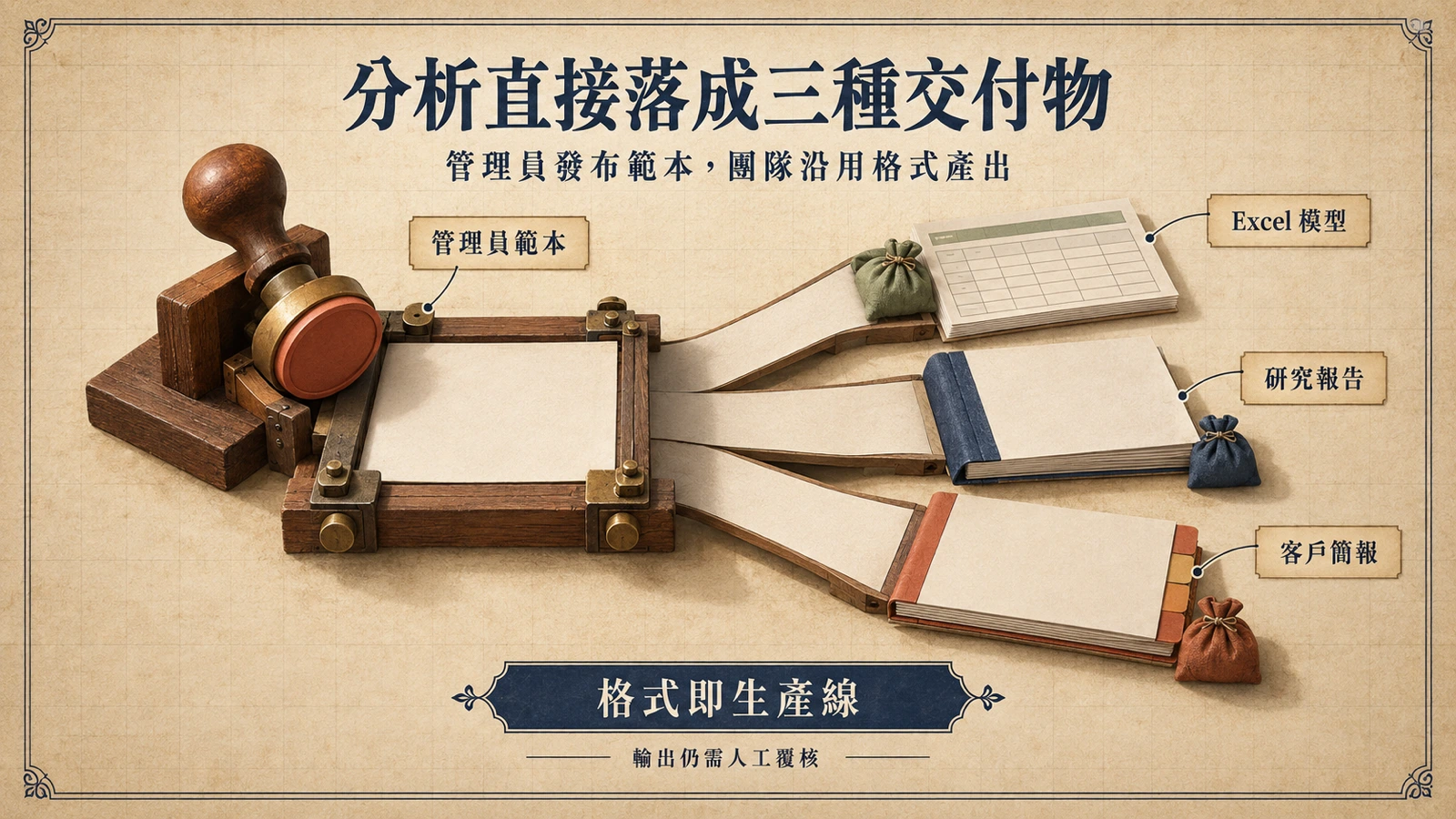 中央的分析檯把同一份分析落成試算表、報告與簡報三種成品。