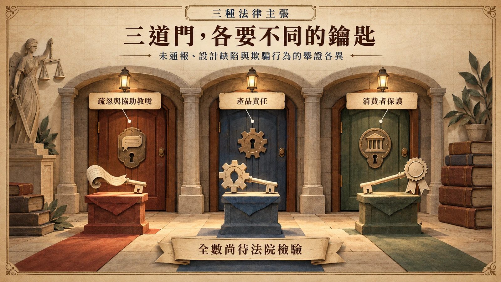 三道木門各配一把形狀不同的鑰匙，分別標示未通報疏忽、產品責任與消費者保護三種主張，比喻三條訴訟戰線需要不同的證據。