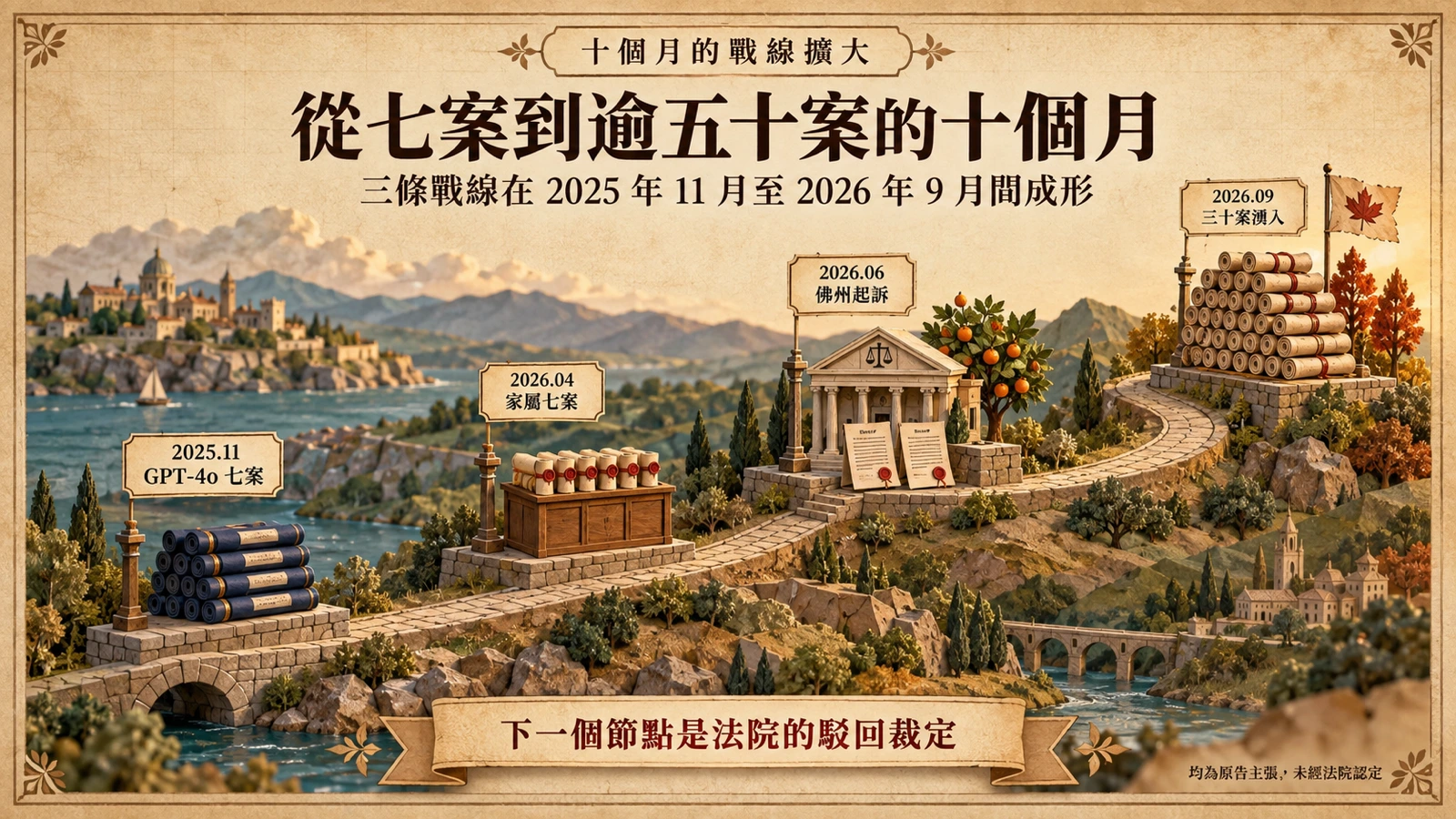 一條彎曲道路上的四個里程碑，從 2025 年 11 月的七件訴訟到 2026 年 9 月的逾五十件，呈現訴訟戰線十個月的擴大過程。