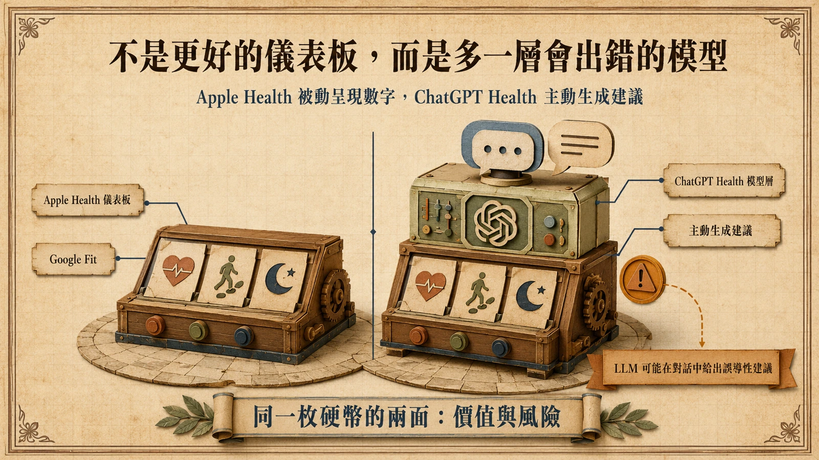 傳統健康儀表板只顯示數據；ChatGPT Health 在相同資料上增加對話模型與風險提示。