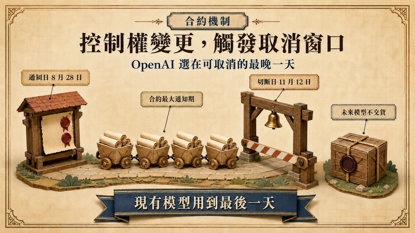 合約在控制權變更後出現有限的取消窗口，模型供應沿路持續到 11 月 12 日的閘門處關閉，代表未來模型的封箱自始未被運出。