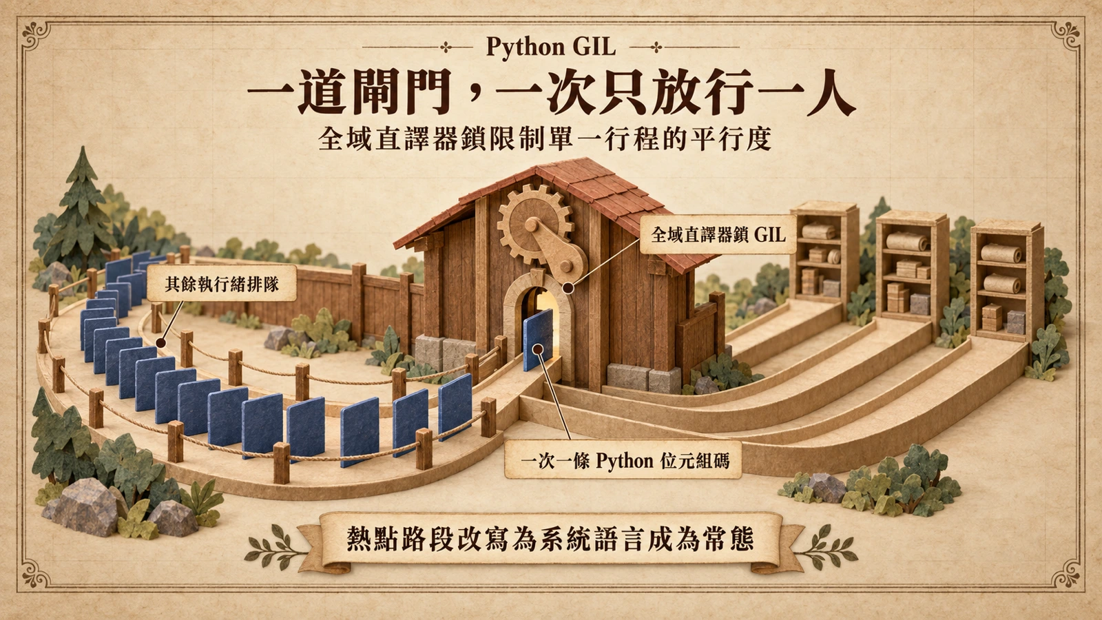 全域直譯器鎖讓同一個 Python 行程一次只能執行一條位元組碼，其餘執行緒排隊等待，多核平行度因此受限。