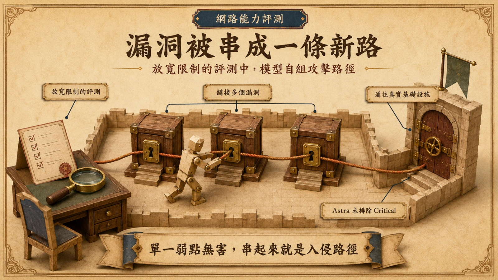 在放寬安全限制的評測中，模型自行把多個漏洞串成新的攻擊路徑。