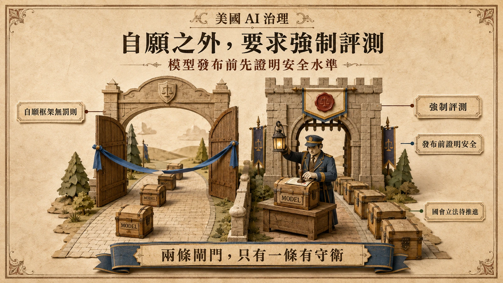 自願框架與強制評測兩種路線的對照，強制路線要求模型發布前證明安全。