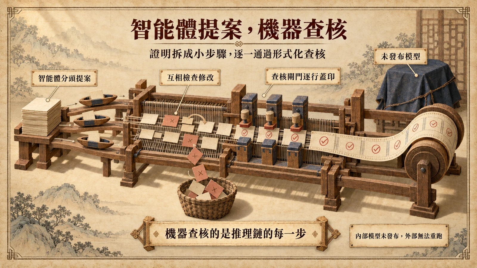 多個工作站交換證明步驟卡片，長卷通過查核閘門逐行蓋印後捲成完成的證明。