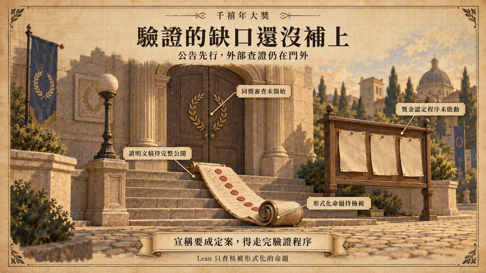 公司公告與數學家論文兩條路徑同日抵達，驗證大門尚未開啟的對照圖解。