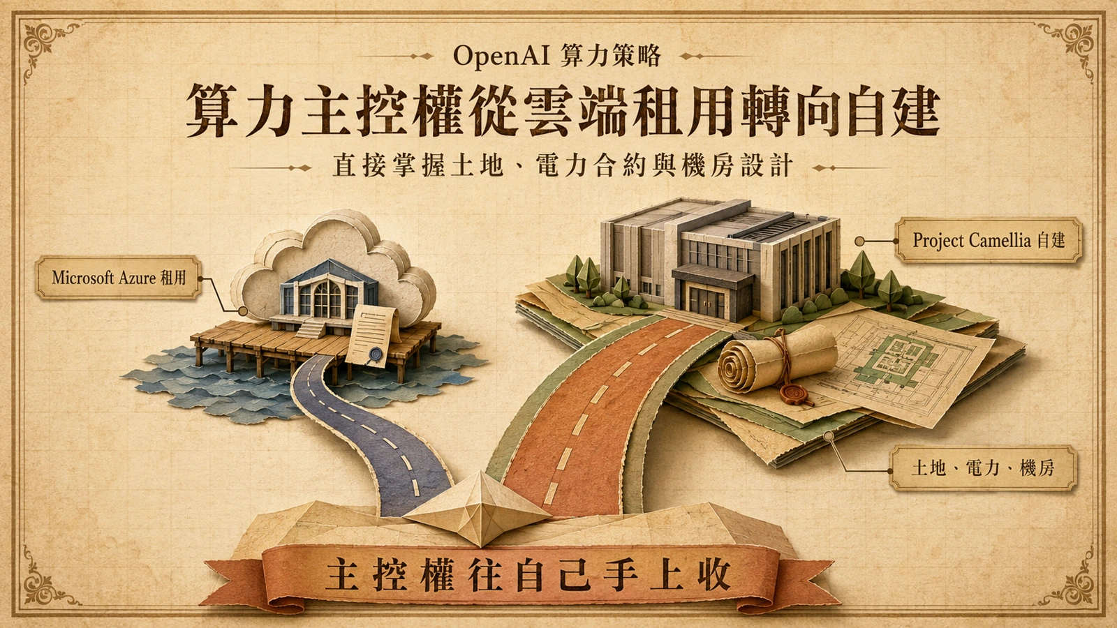 租用 Azure 機房的路徑較輕；自建機房還需承擔土地、電力合約與設計等資本投入。