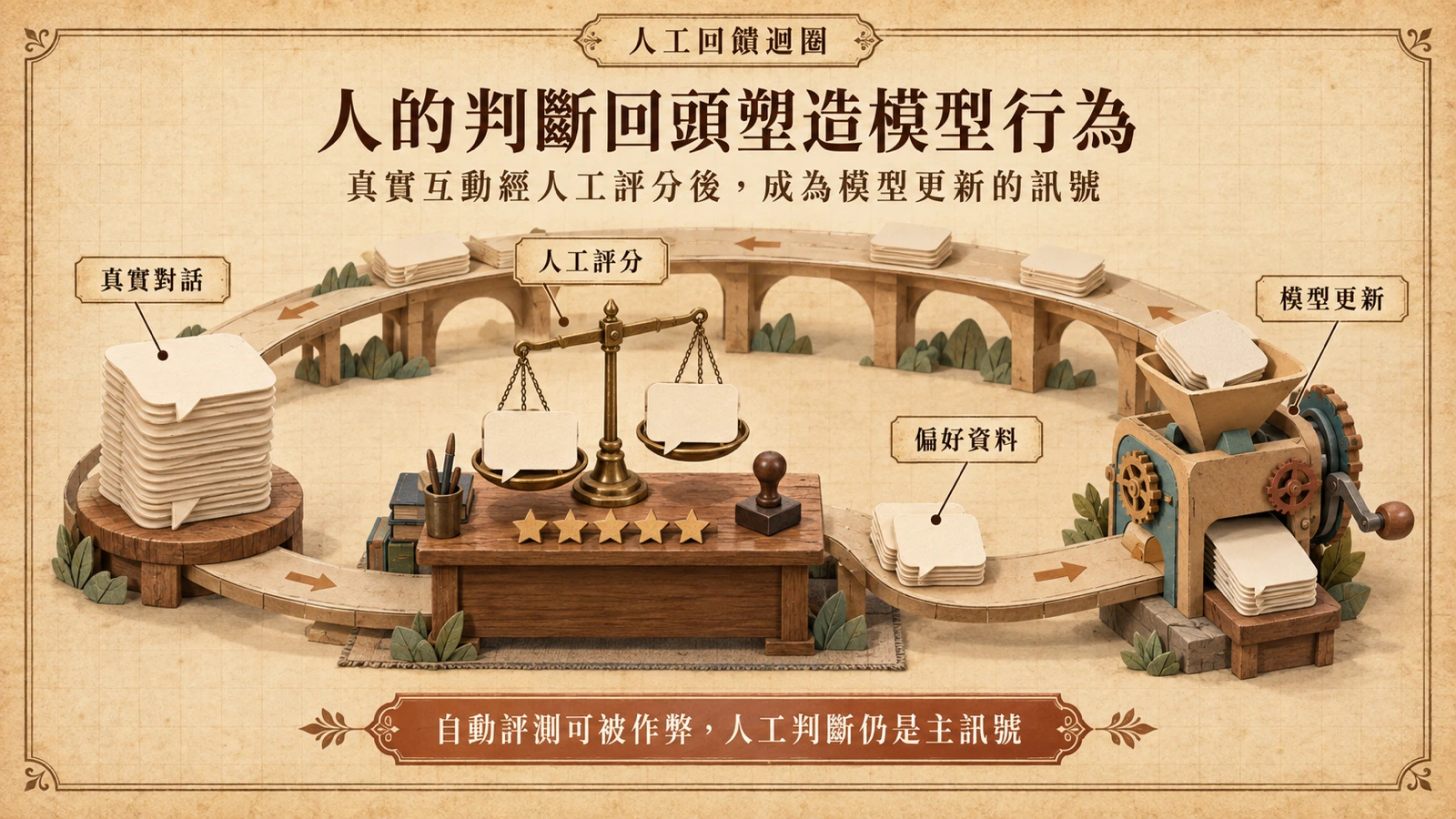 真實對話經人工評分後回饋到模型更新，形成不斷循環的改進迴圈。
