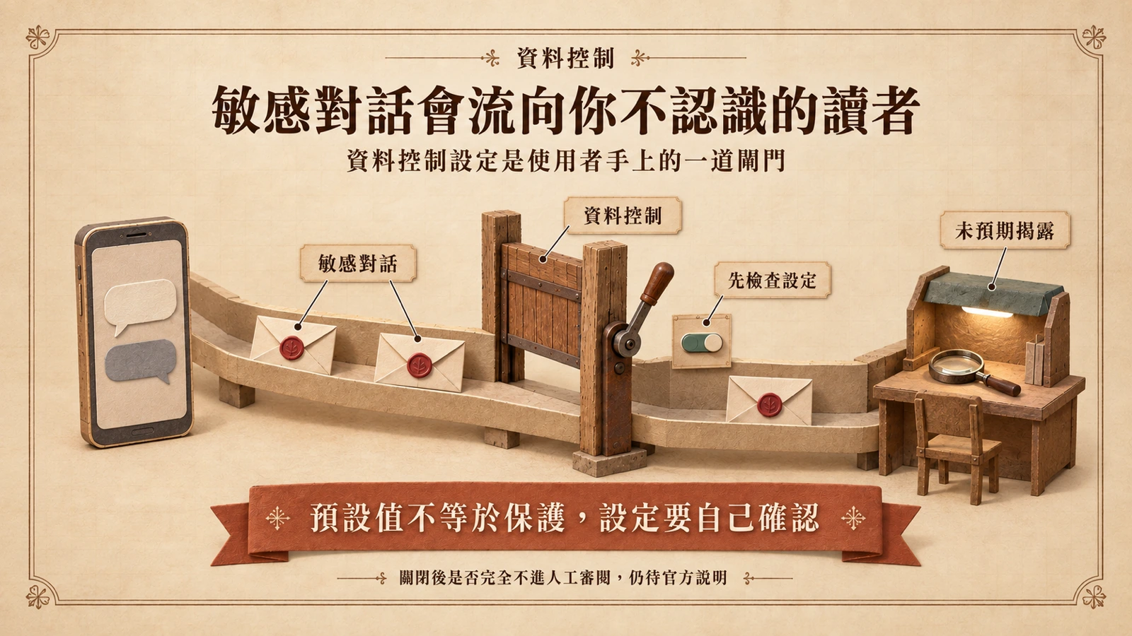 包含個人資訊的對話流向審核桌，資料控制設定是一道使用者可以自己操作的閘門。