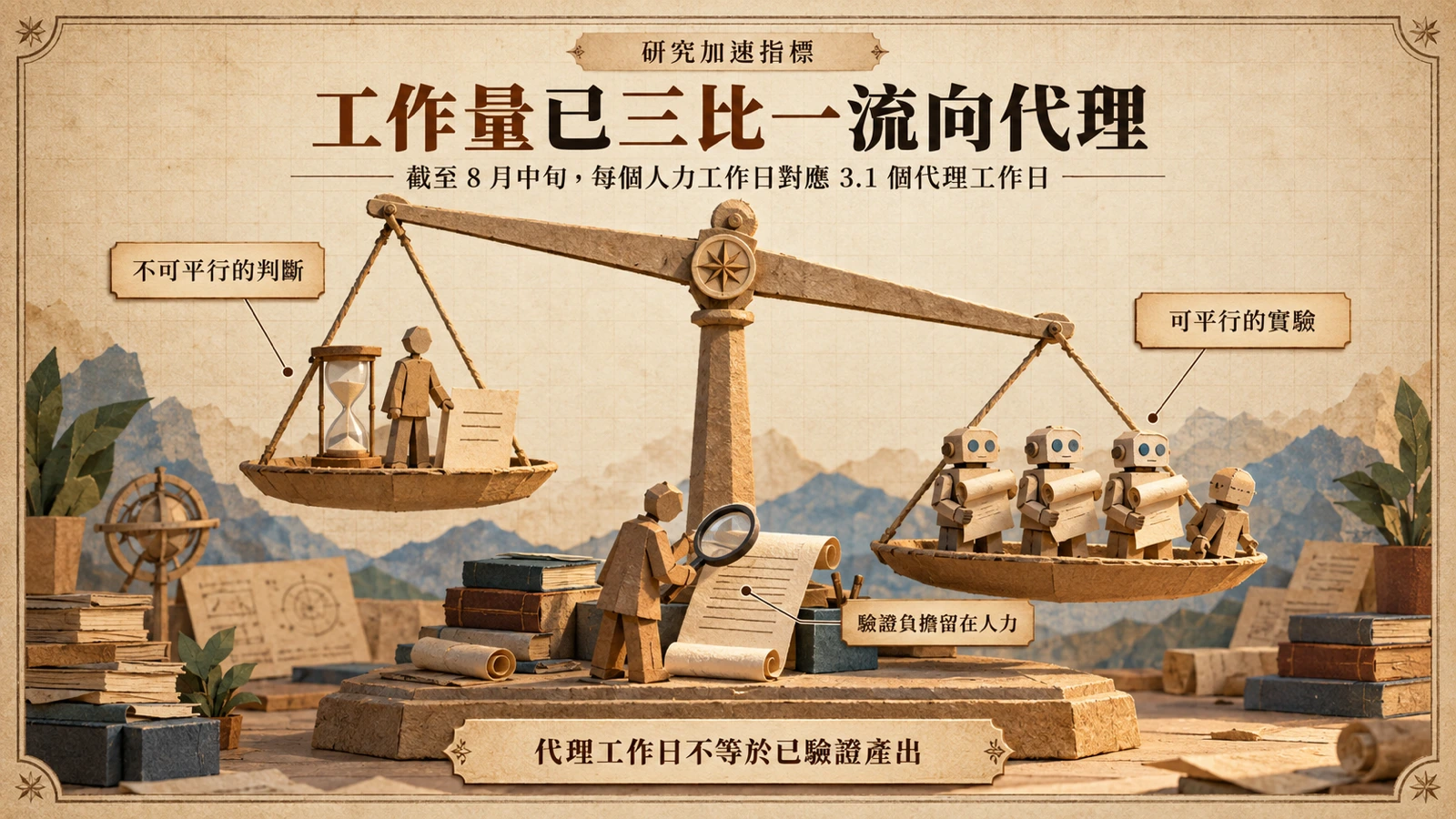 一個人力工作日與 3.1 個代理工作日的對照，代理吸收了大量可平行的實驗工作。