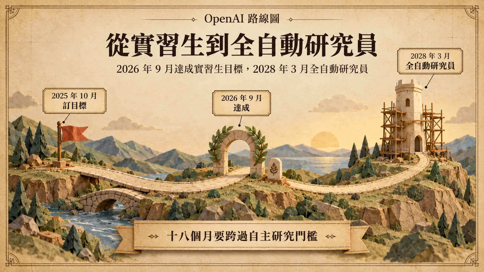 從 2025 年 10 月設定目標、2026 年 9 月宣布達成，到 2028 年 3 月全自動研究員的時程推進。