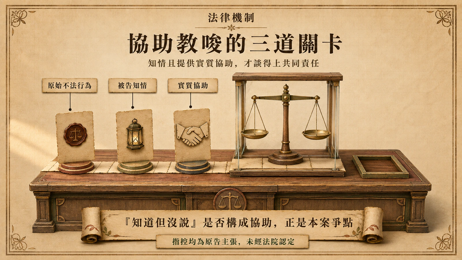 法院天平前三張要件卡依序送入，說明協助教唆責任必須同時滿足原始不法行為、被告知情與實質協助三個條件。