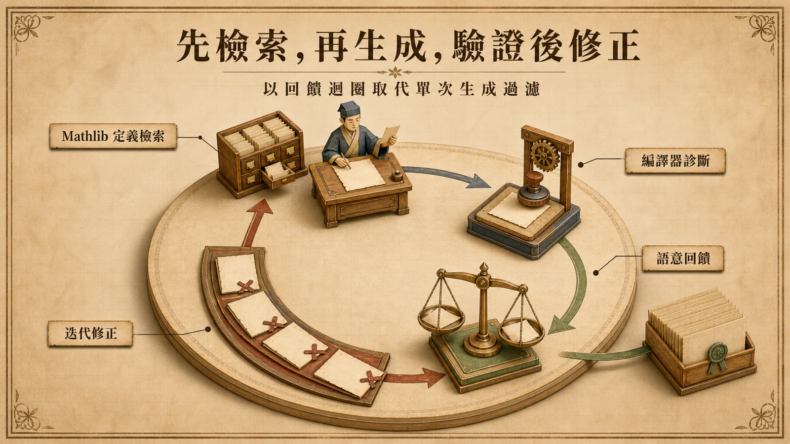 MathForm 先從 Mathlib 卡片目錄檢索定義,草稿經編譯器與語意一致性兩道閘門迭代修正,通過者歸檔到 FormalVerse 卡片櫃。