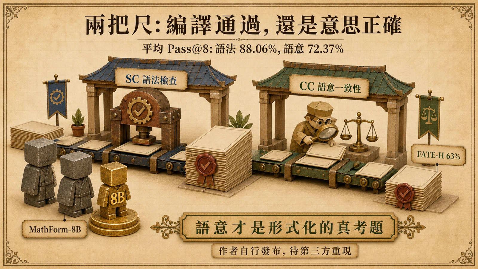 MathForm-8B 在六基準平均 Pass@8 達 88.06%(語法)與 72.37%(語意),8B 之姿勝過 32B 專用模型。