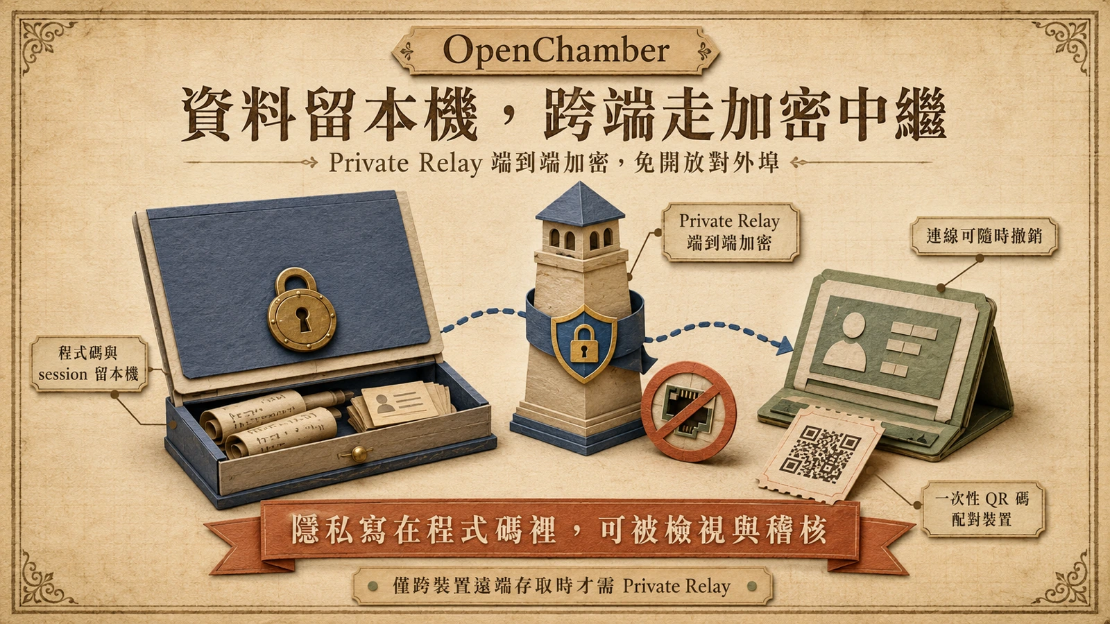 程式碼與 session 留在本機；跨裝置走 Private Relay 端到端加密。