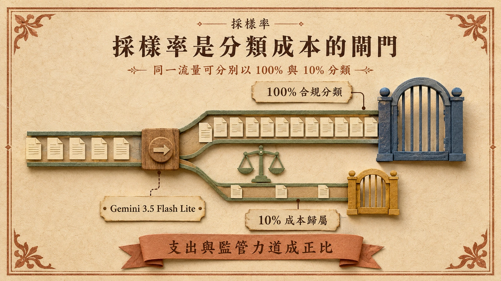 合規分類檢查每個請求，成本歸屬分類則只抽樣十分之一，在風險與費用間取捨。